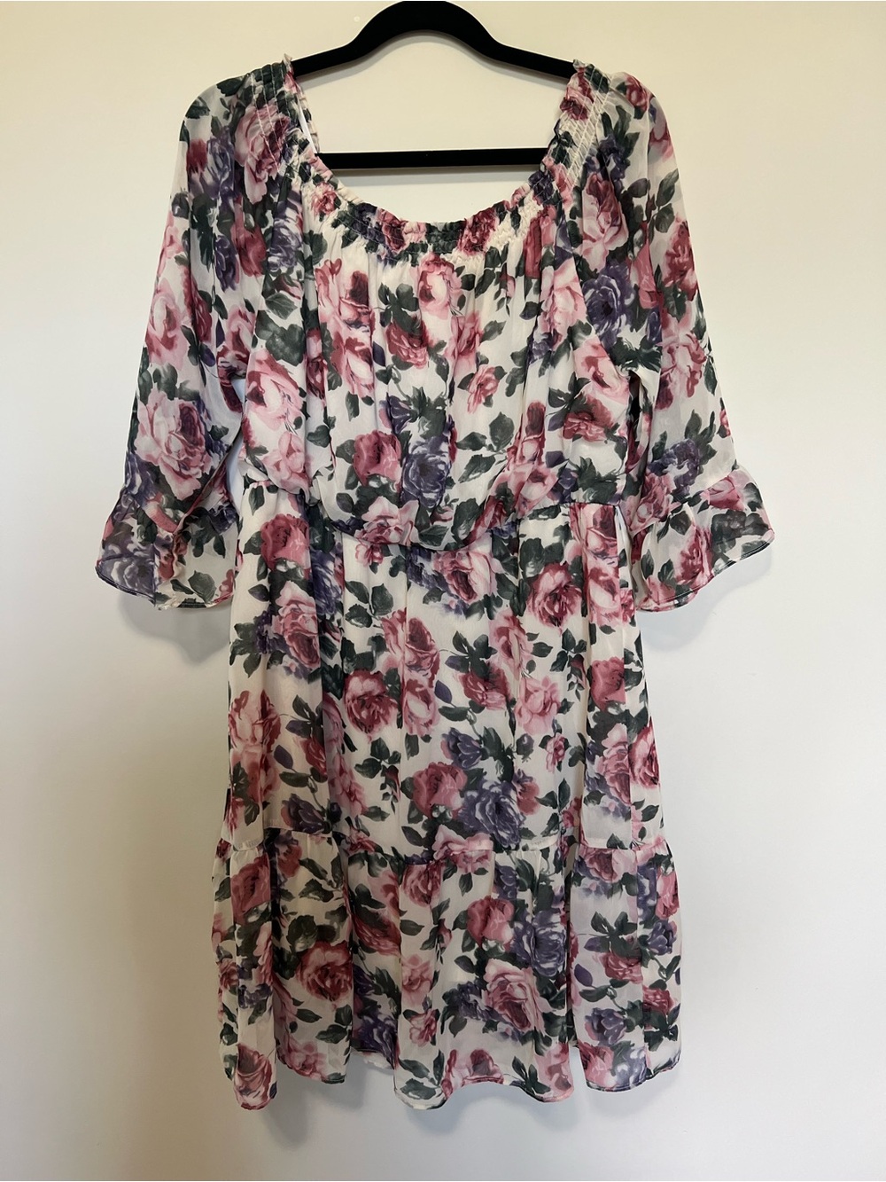 Dry Lake Floral Square Neck Bell Sleeve Tiered Dress Size L